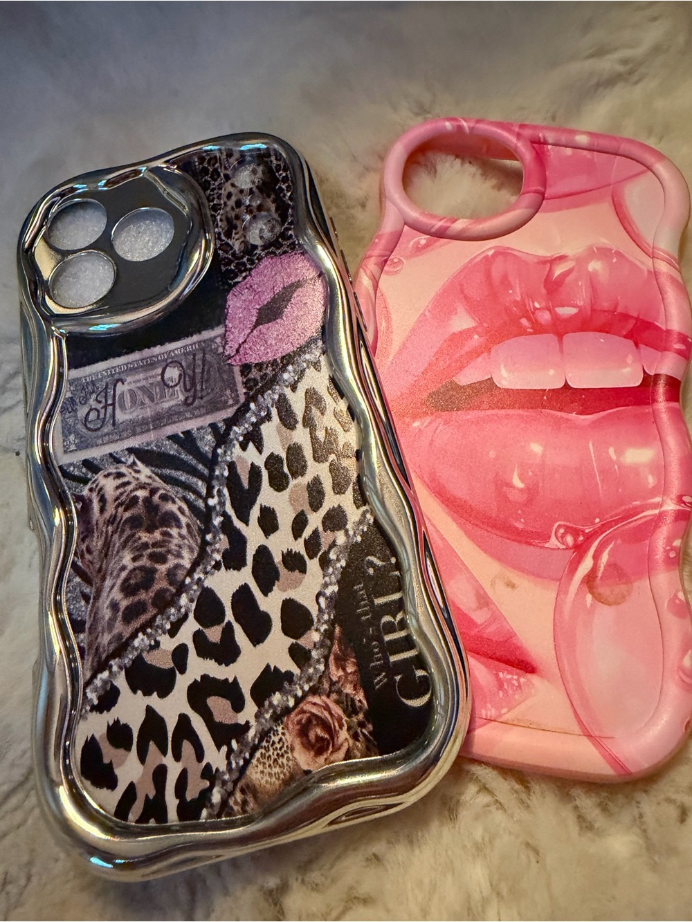 iPhone 15 plus Pink Lip Graphic cases. 1-is cheetah print. & 2-silver cases